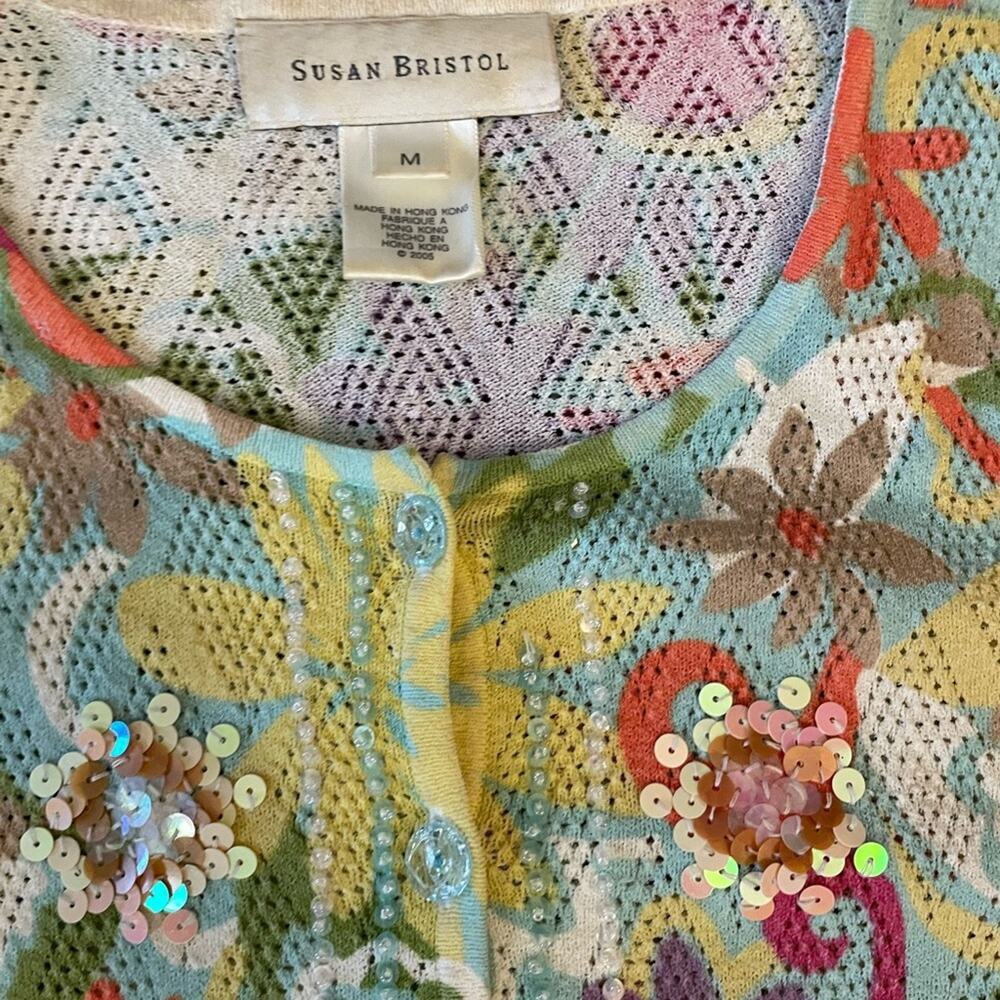 Vintage Open Knit Coastal Sequin Floral Cardigan Medium Hippie Breezy Resort - Picture 7 of 7